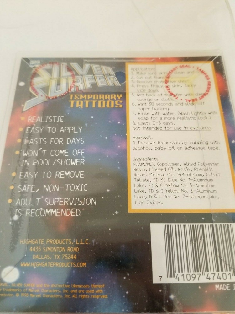 1998 SILVER SURFER COMIC TEMPORARY TATTOOS - 2 TATTOOS NEVER OPENED