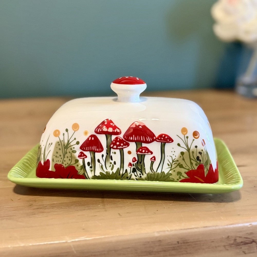 Mushroom Butter Dish Covered Ceramic Toadstool Cottagecore Kitchen Decor