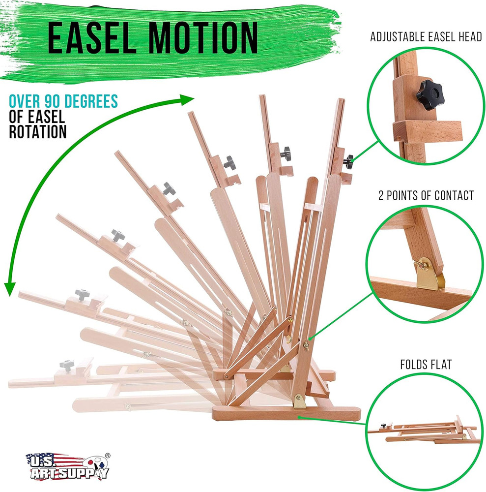 Medium Tabletop Wooden H-Frame Studio Easel - Artists Adjustable Beechwood Paint