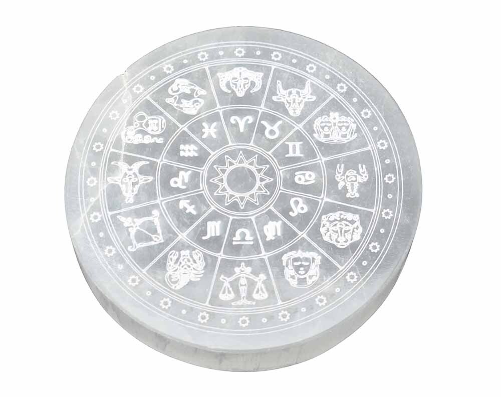 Selenite Disc With Zodiac 10cm