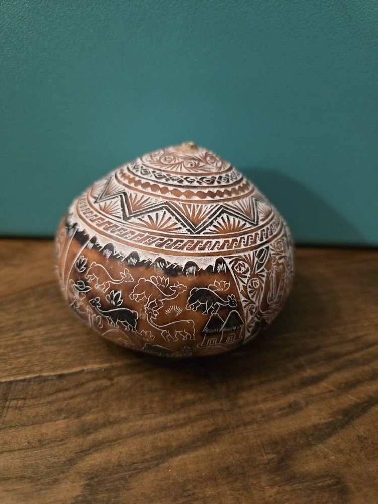 Vintage Hand Carved & Painted Gourd Peruvian