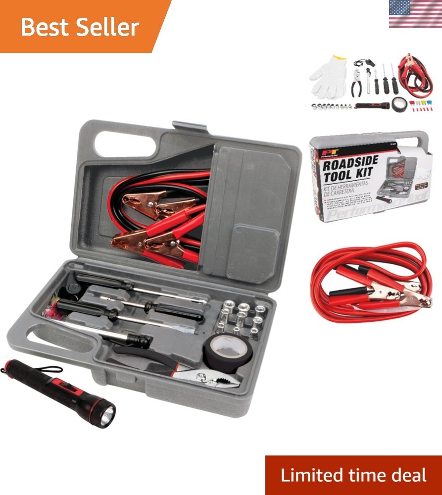 Portable Roadside Emergency Kit - 8ft Jumper Cables & Flashlight Included