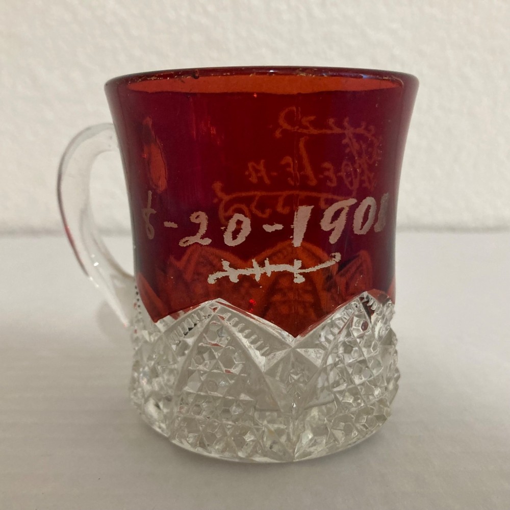 Antique Ruby Red Flash Miniature Mug Toothpick Holder Engraved Helen 08-20-1901