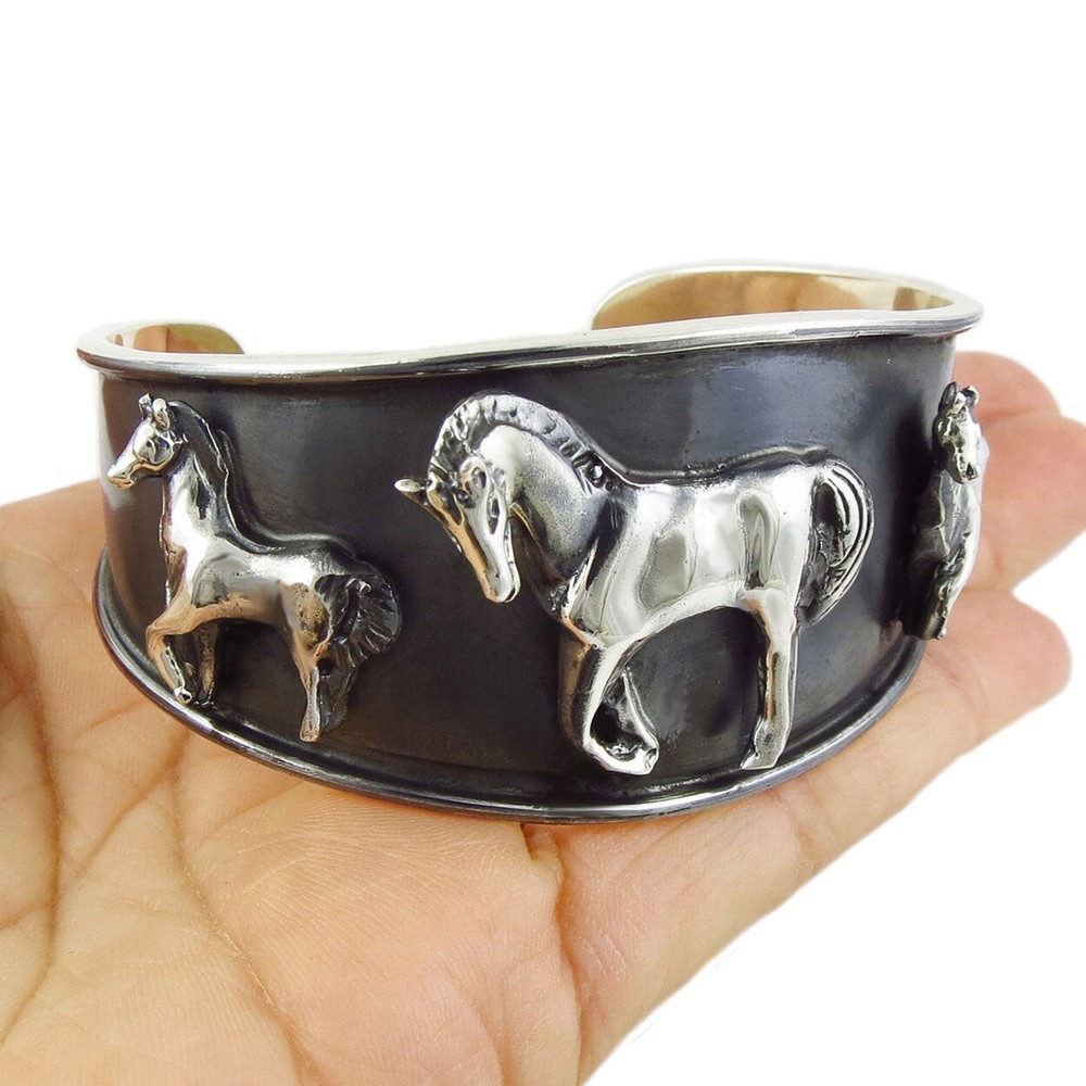 Equestrian Silver Horse Bracelet 925 Sterling Solid Hallmarked Statement Cuff