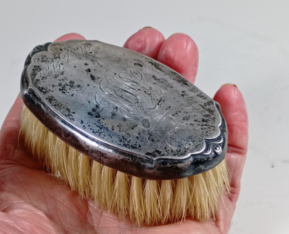Antique Engraved Silver Plate 3" Vanity Palm Brush