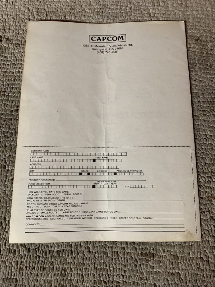 Original 1943 Kit Capcom Arcade video game Manual