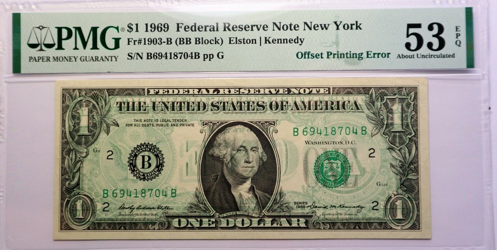 1969 1$ FEDERAL RESERVE NOTE OFFSET PRINTING ERROR NOTE FROM BACK TO FRONT