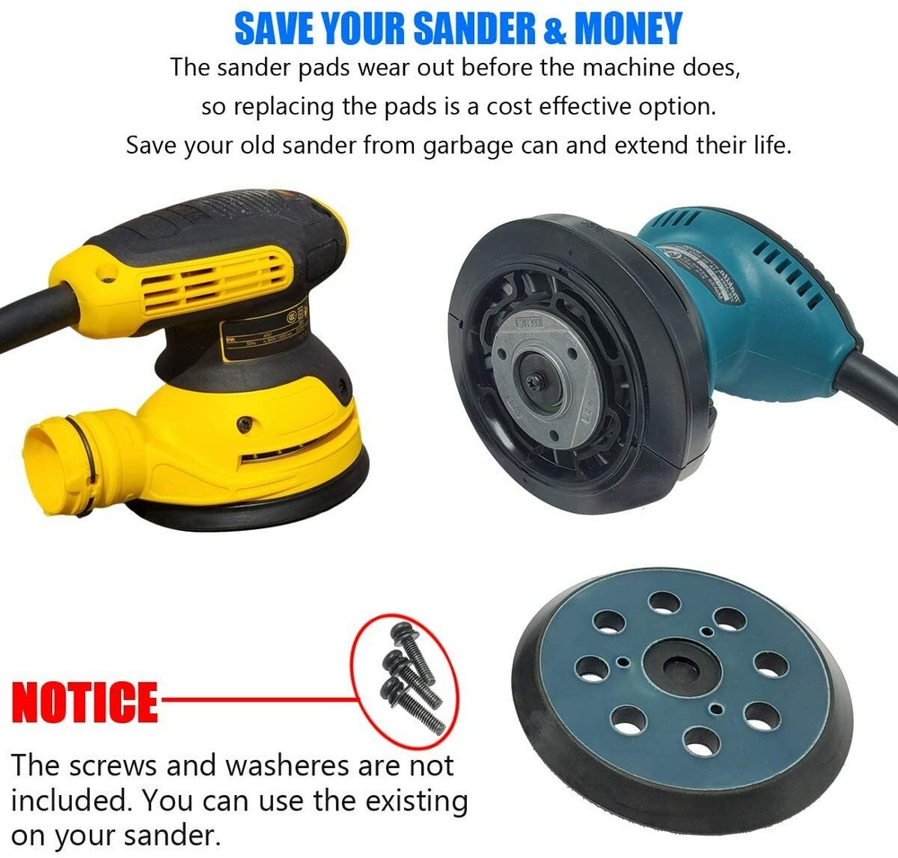 5" 8-Hole 3-Screw Hook and Loop Sanding Pad Orbital Sander Backing Replacement