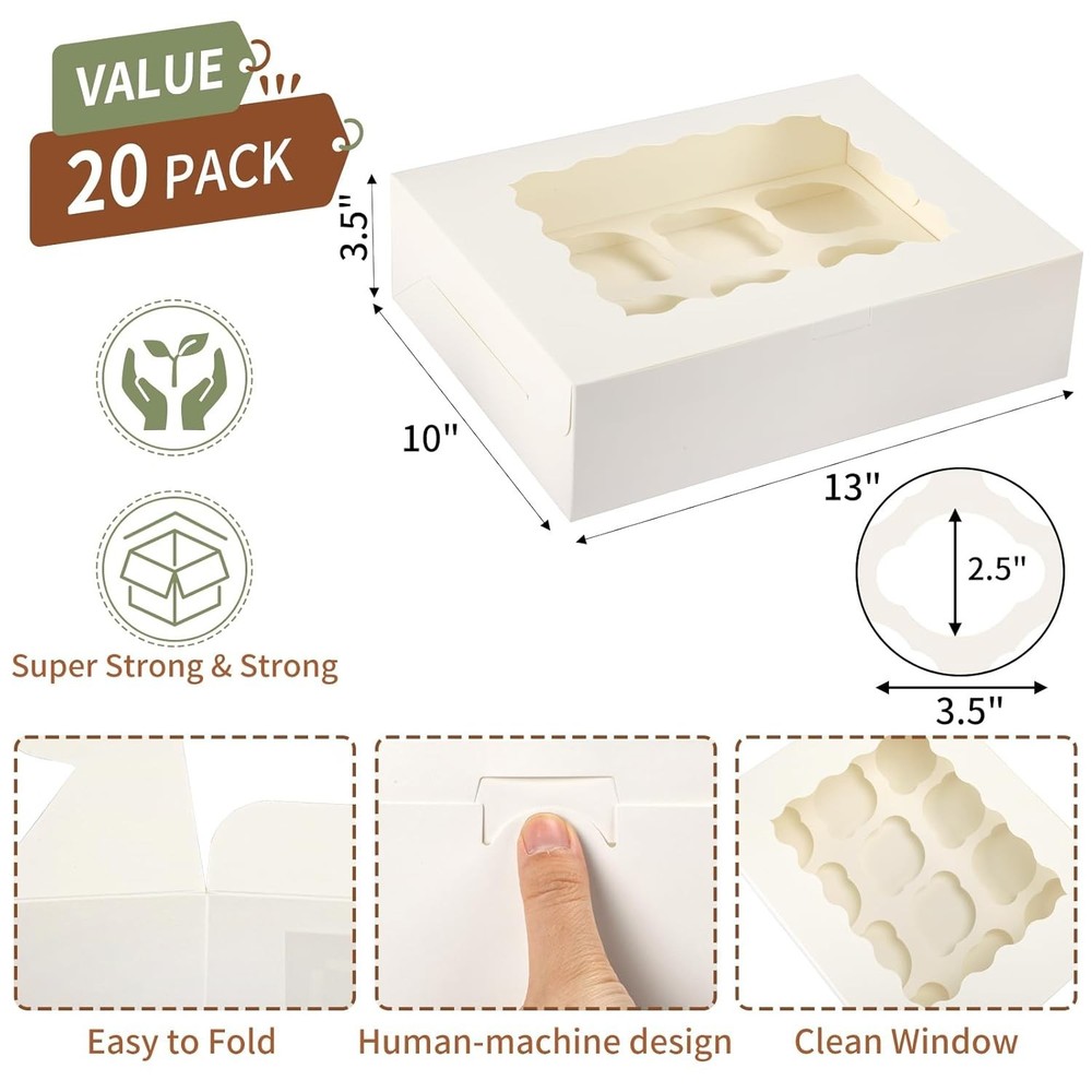 Sturdy 12-Cup Cupcake Boxes - 20 Count with Clear Windows for Perfect Display