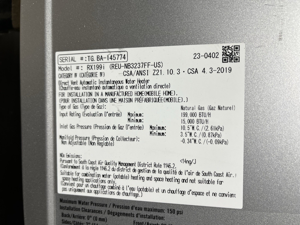 Rinnai RX199iN Tankless Water Heater 199k BTU Nat. Gas/Propane Gas (B-26 #1671)