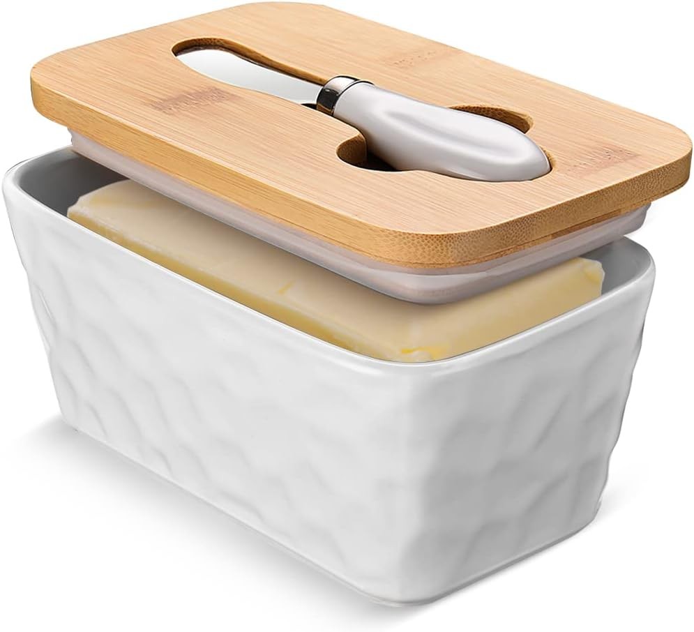 Butter Dish with Lid: Large for Countertop - Ceramic White