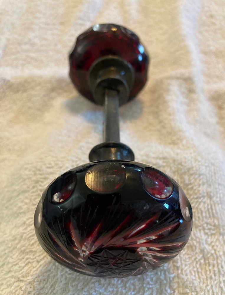 Vintage Victorian Ruby Red Cut Glass Doorknob Set