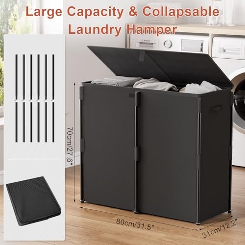 Laundry Hamper with Lid 3 Section, Large Laundry Basket with 180L Black