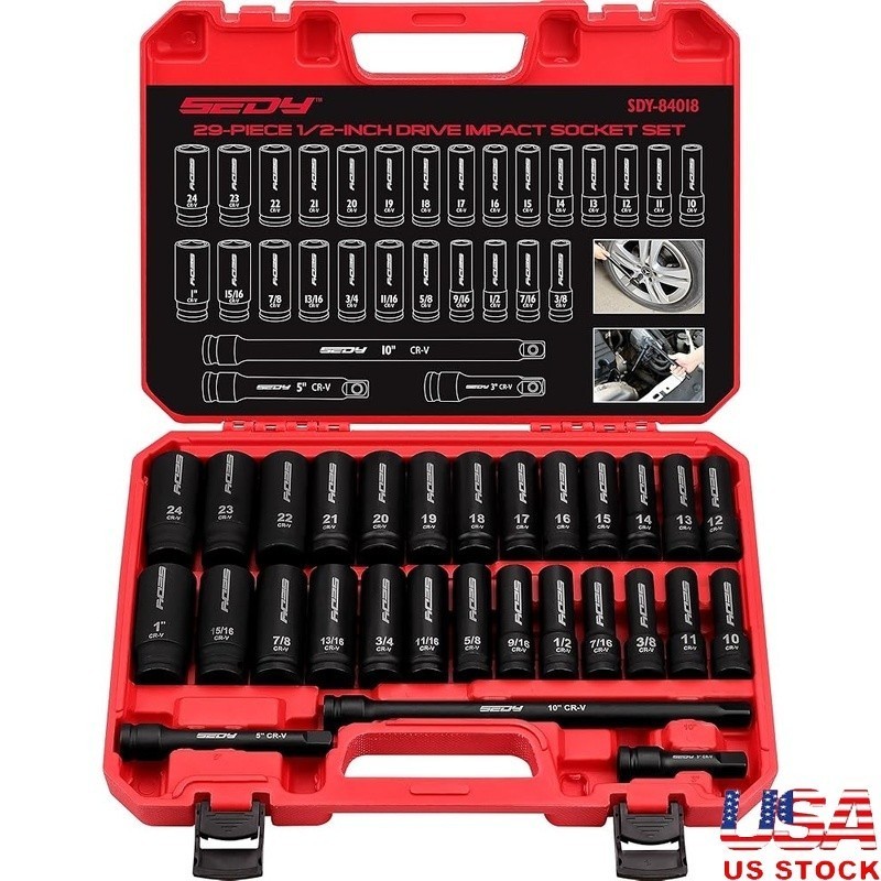 29-Piece 1/2" Drive Impact Socket Set CR-V High Durability Mechanics Tools New
