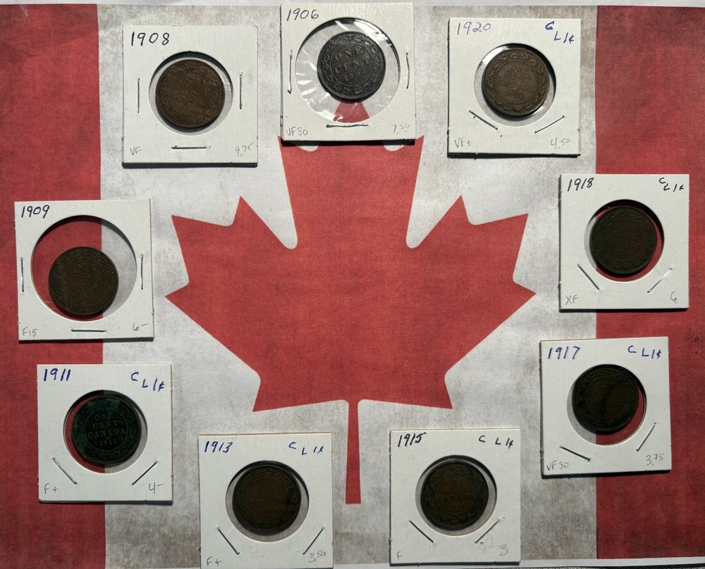 Canada Large Cent Group BETTER CONDITION 1906-1920, 9 Coins, Partial Set, Circ.