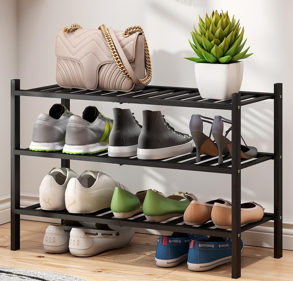 viewcare 3Tier Black Bamboo Shoe Rack  Stackable Foldable Entryway