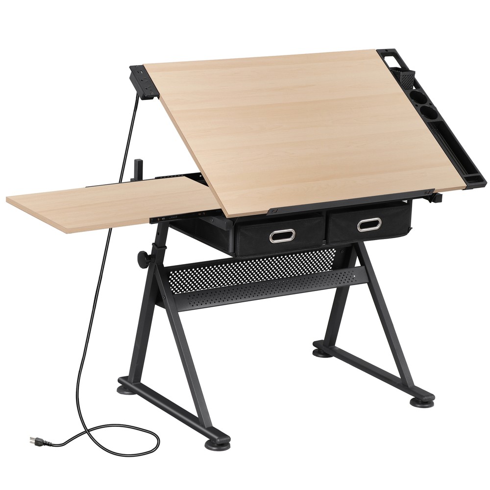 Drawing Drafting Table Stage Platform Adjustable Height W/ Stool Outlet Natural