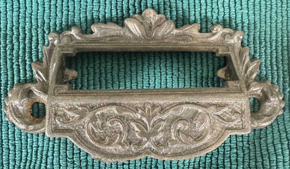 Antique Victorian Cast Iron Apothecary Drawer Bin Pull / Handle Label Vintage 10
