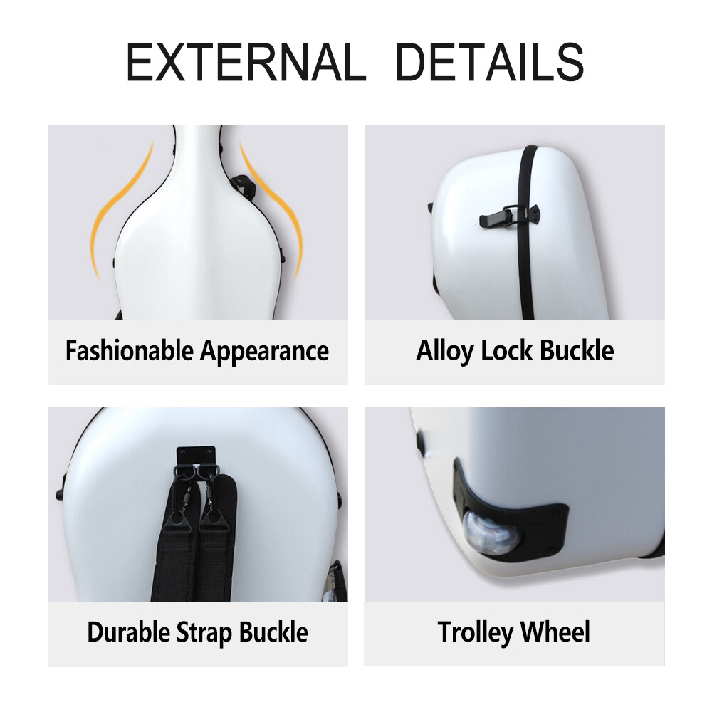 White Embedded handle cello case 4/4 Aviation composite materials with wheels