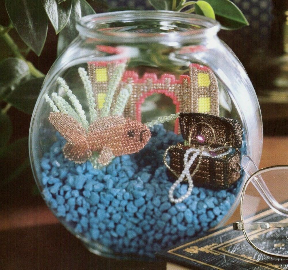 FISHBOWL PRETEND FISH WITH TREASURE CHEST PLASTIC CANVAS PATTERN INSTRUCTIONS