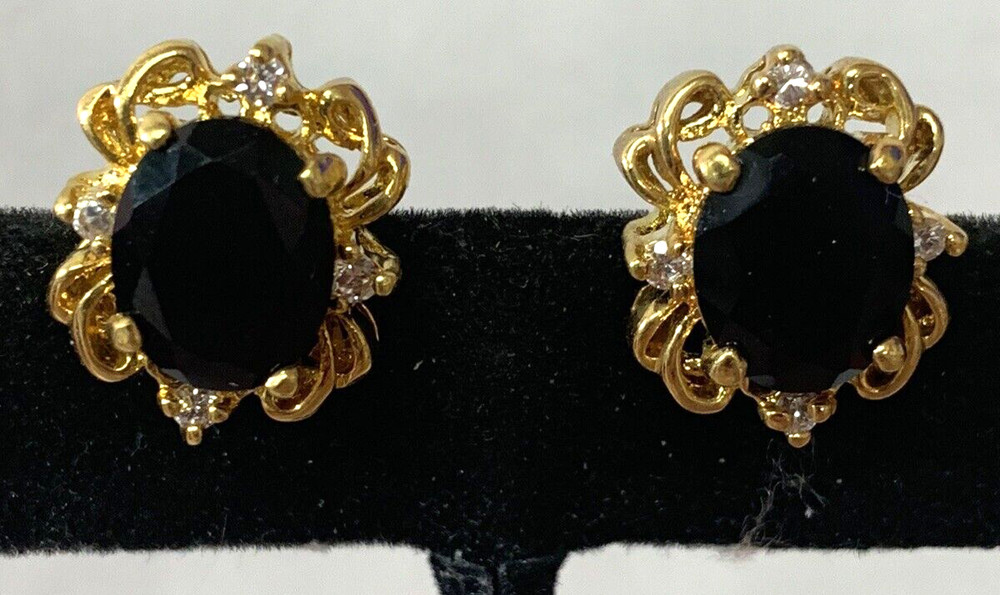 Black Rhinestone Oval Gold Tone PEIRCED Earrings