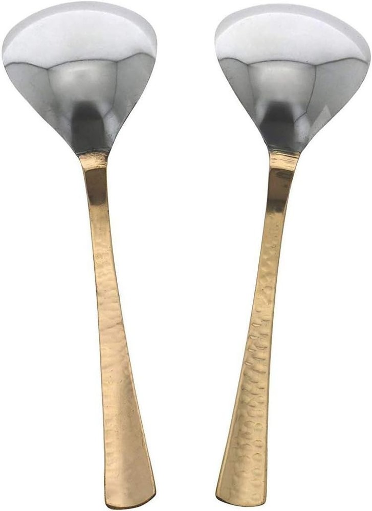 Copper Serving Spoon Set 2 Indian Wooden Handle Flat Dinningware Serveware