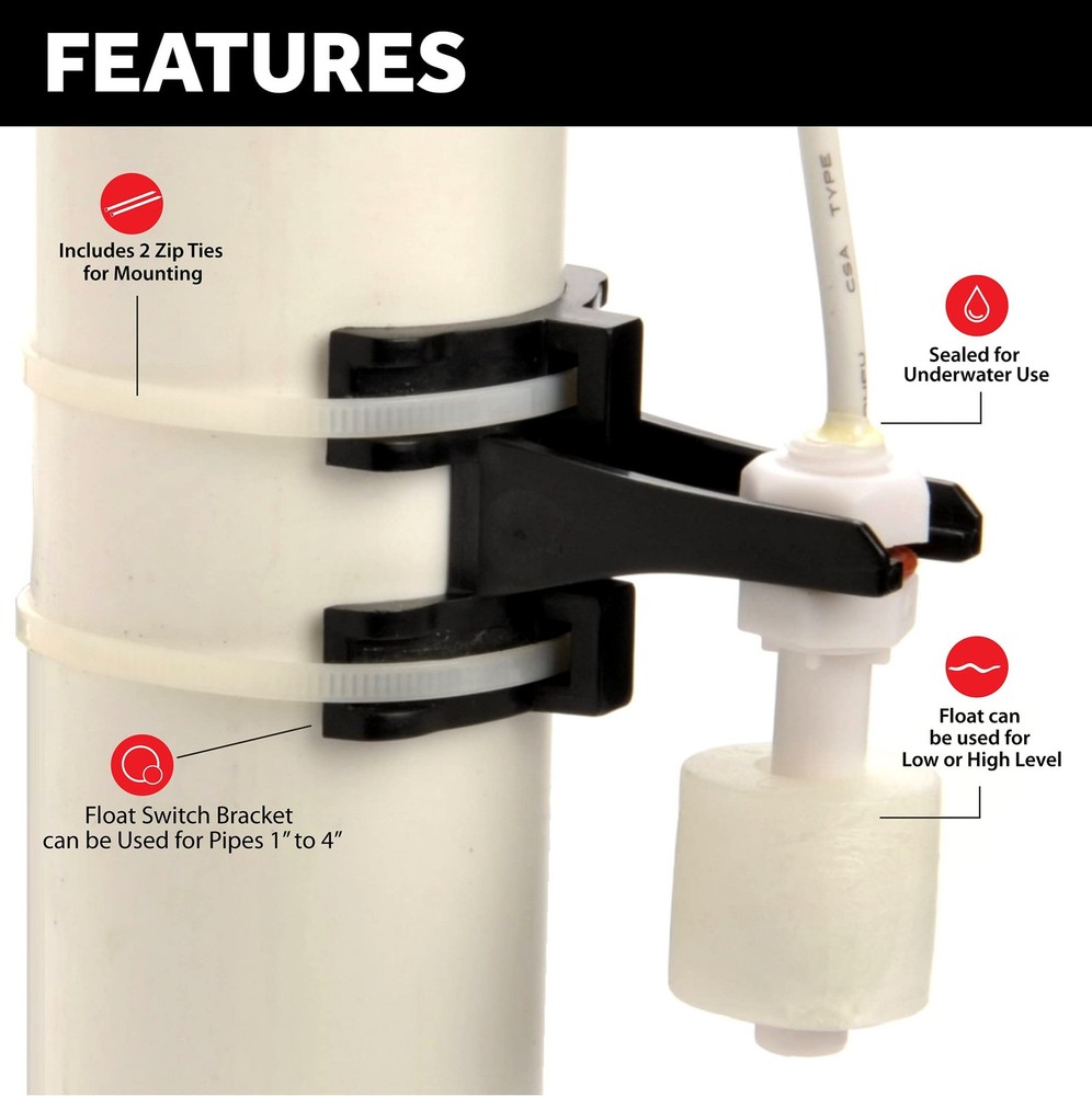 Level Sense 15 Feet Water Level Float Switch with Mounting Bracket