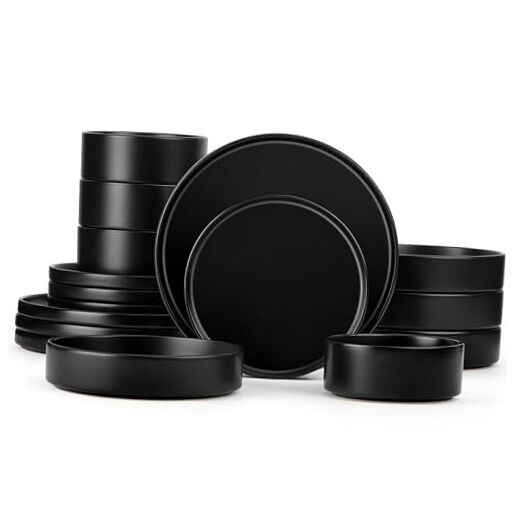 Dinnerware Sets with Pasta Bowls for 4 Piece Dinner Salad 16 Matte Black