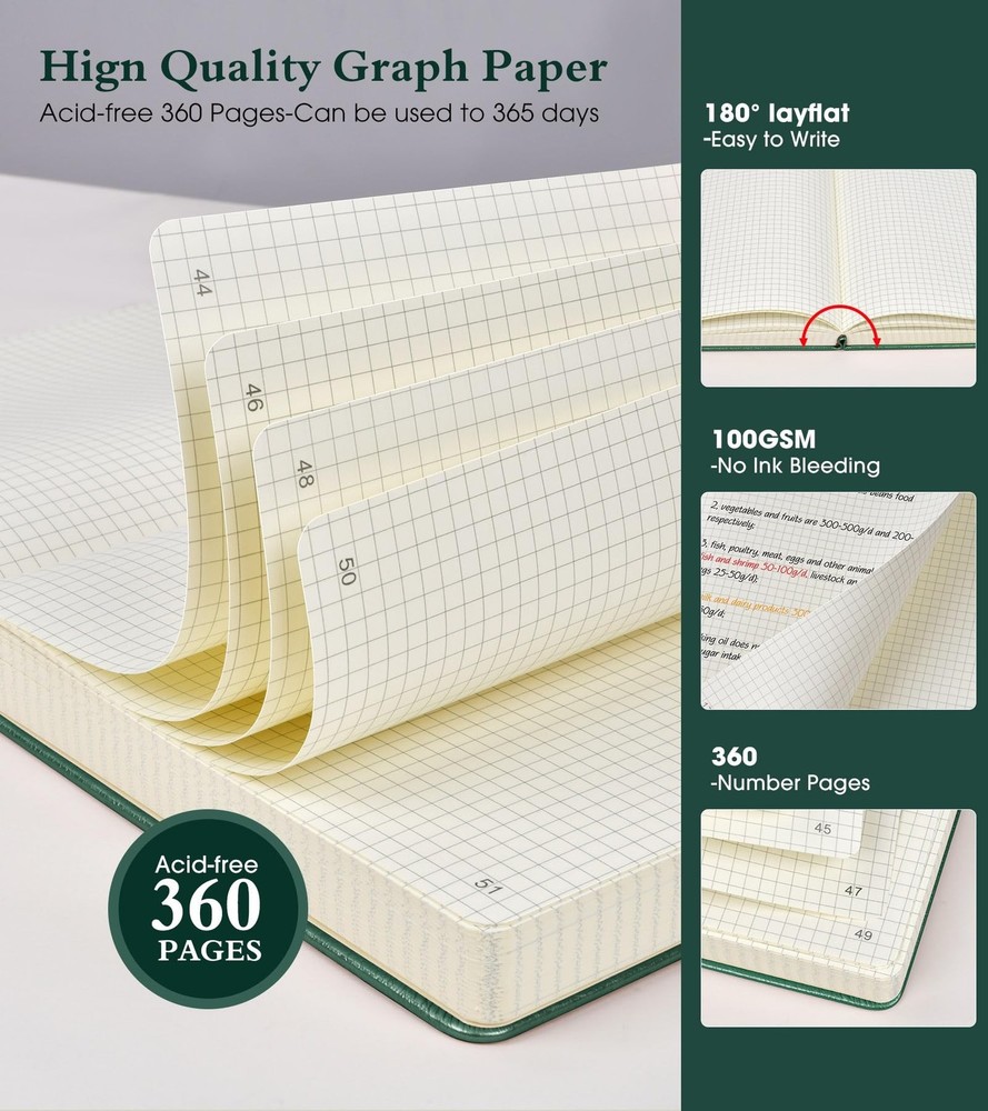 Graph Paper Notebook Journal, 360 Numbered Pages Grid Notebooks, Thick 100gsm...