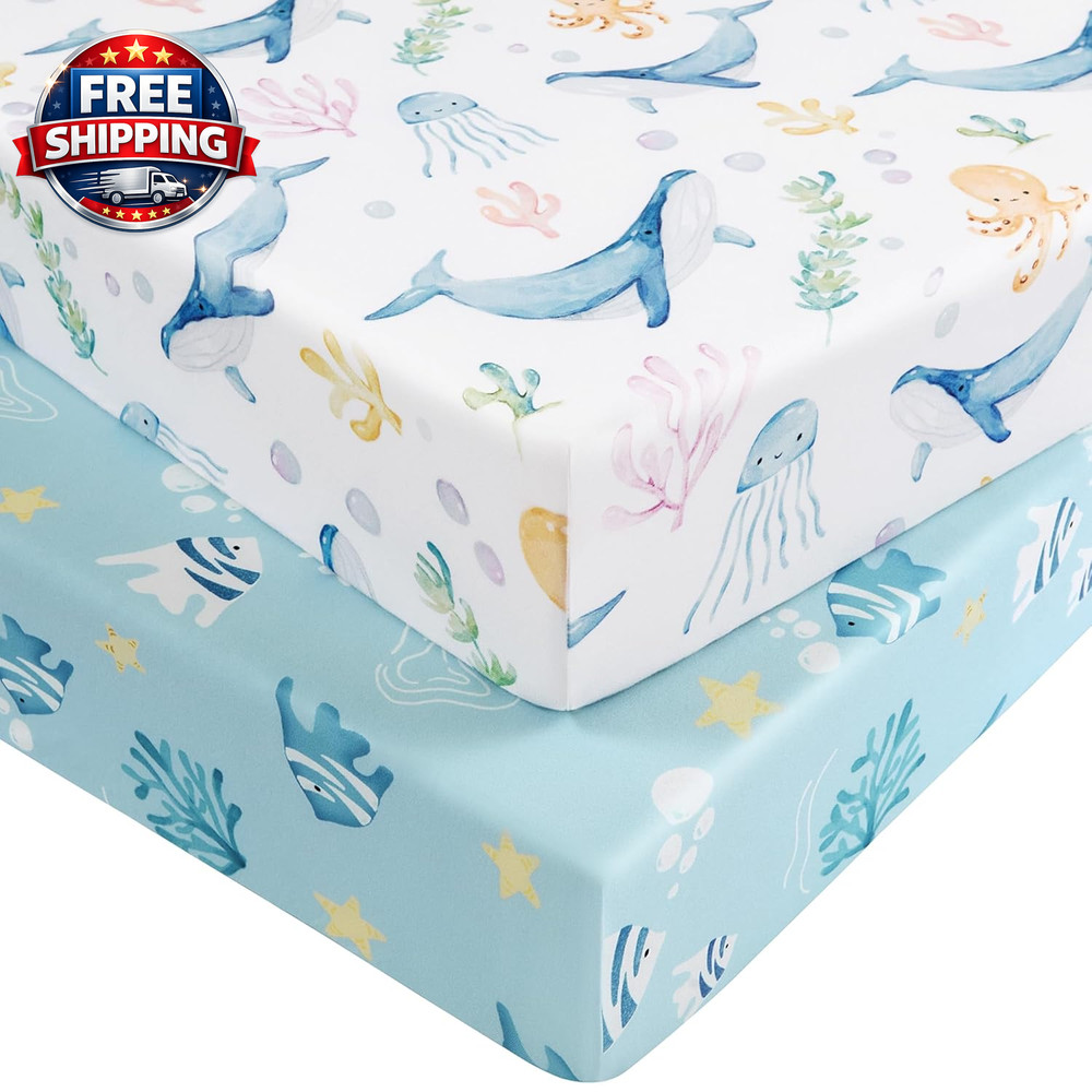 Soft Microfiber Baby Crib Sheets 2-Pack, Blue Ocean, Fitted 52" x 28