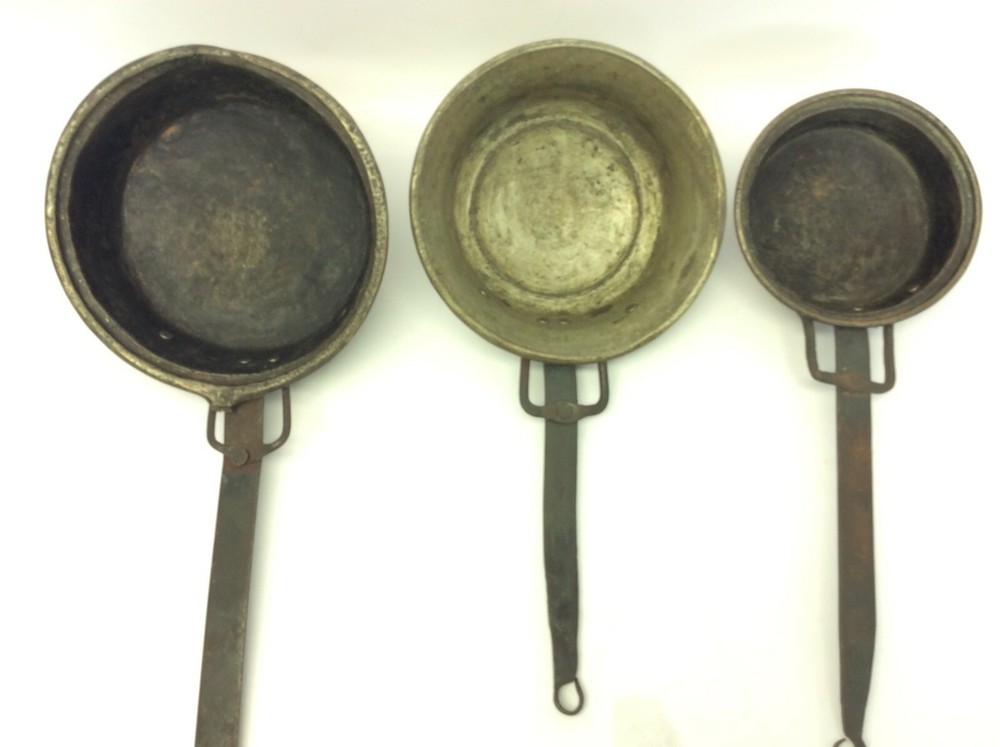 Set Three Forged Handle Iron Copperware Old Cookware Skillets Pans