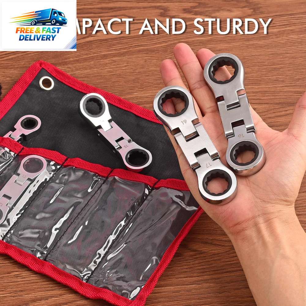 Stubby Wrenches Set, 72-Tooth Flex Head Ratcheting Wrench Set, Compact Double Bo