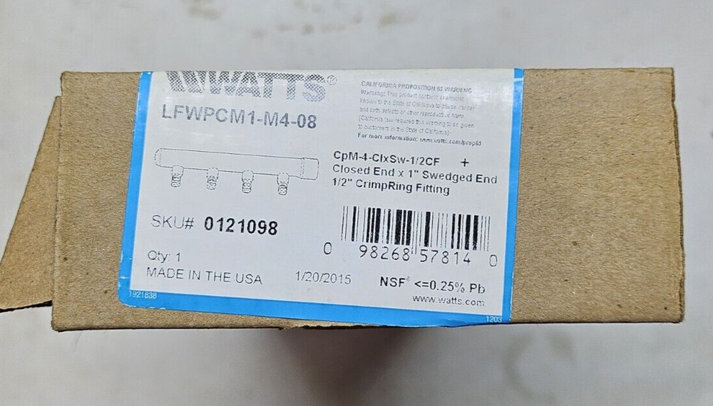 Watts LFWPCM1-M4-08 Copper Manifold Closed End x 1" Swedged End