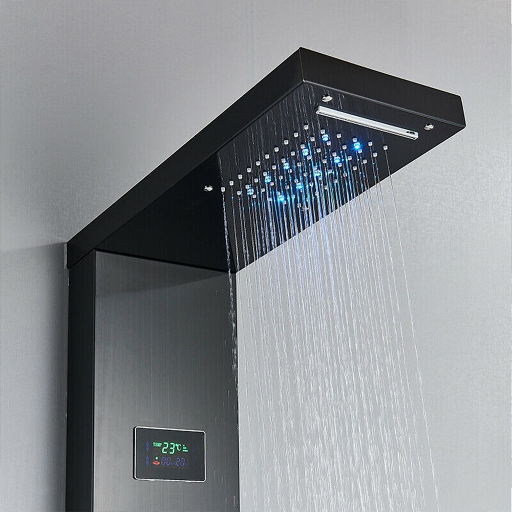LED Black Shower Panel Tower System W/ 4 Massage Jets Hand Shower Water&Rainfall