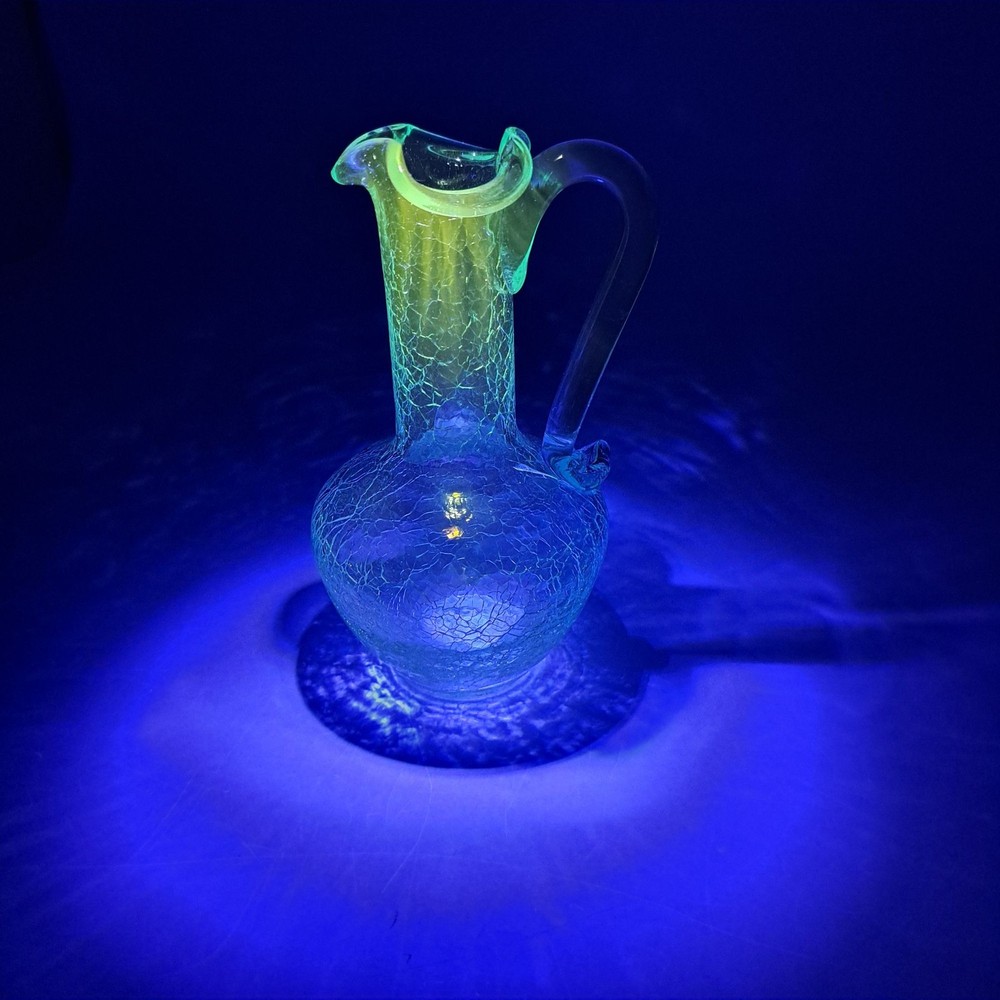 Vintage Blue Crackle Glass Pitcher With Applied Handle