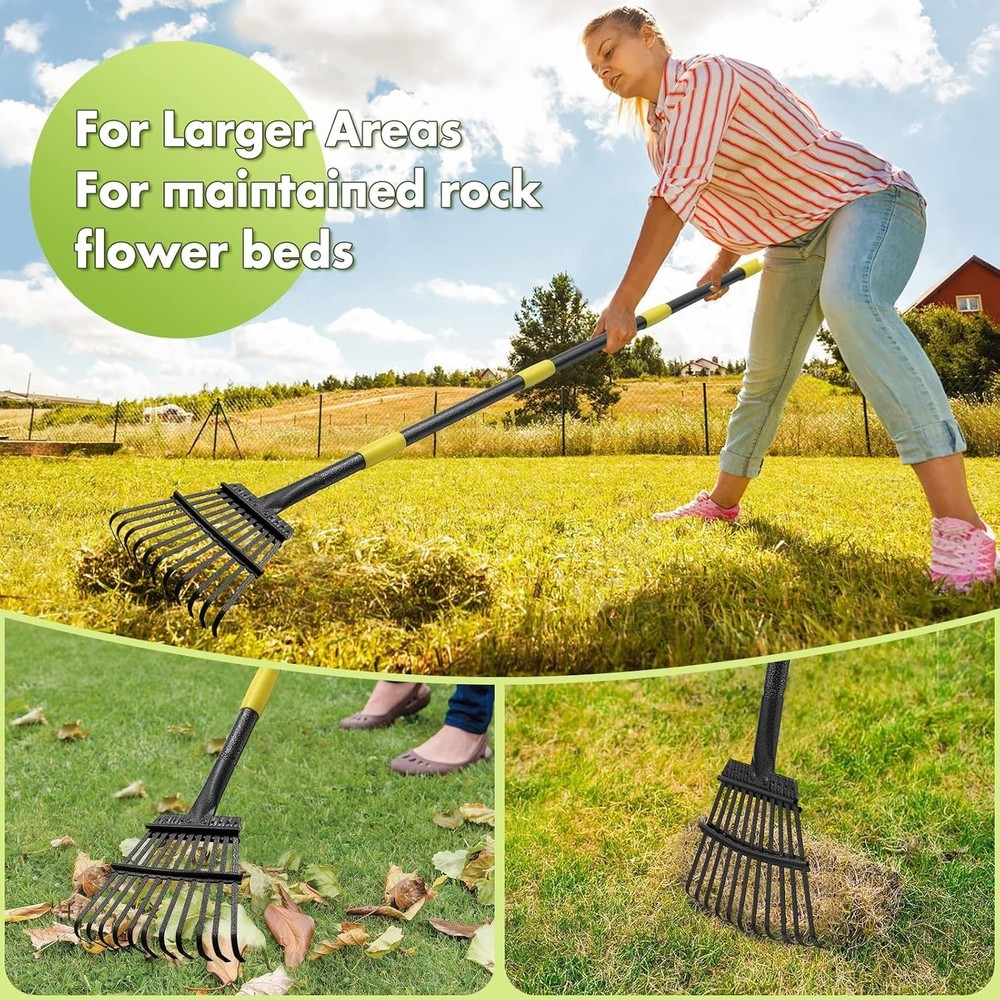 Durable 11-Tine Garden Rake for Effortless Leaf Cleanup - 60” Adjustable Handle