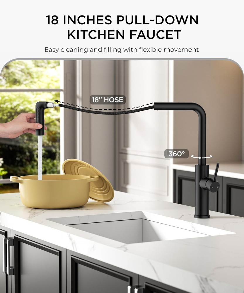 Black Waterfall Kitchen Faucet with Pull Down Sprayer, 5 Spout Modes Stainles...