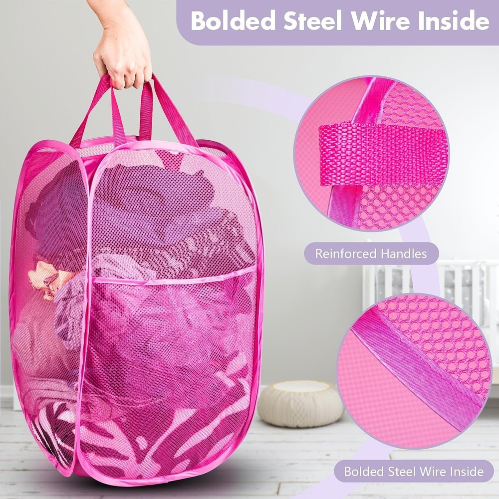 Compact Pink Mesh Laundry Hamper Set - Effortless Organizing for Any Setting