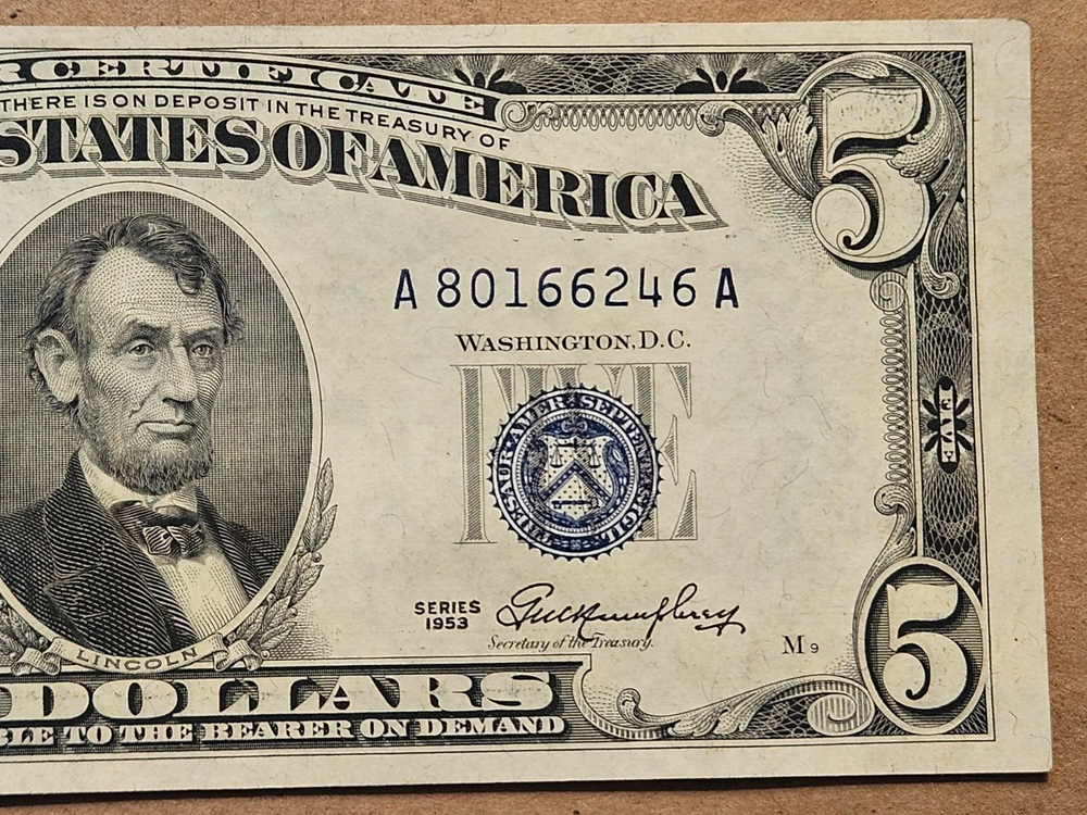 1953 $5 Silver Certificate Note Partial Offset Ink Transfer Error on Reverse