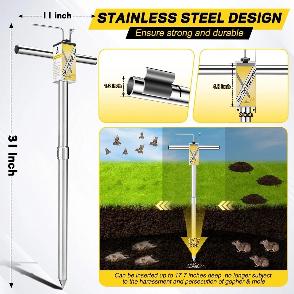 Gopher & Mole Bait Applicator, Stainless Steel Gopher/Mole/Vole Killer, Durab...