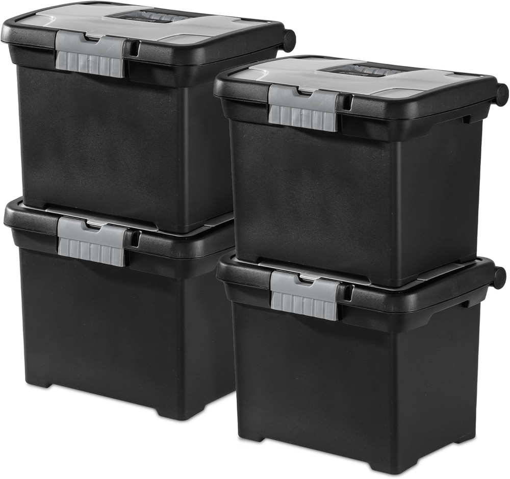 4-Pack Portable File Box, Stackable Container for Letter Hanging Folders, Black