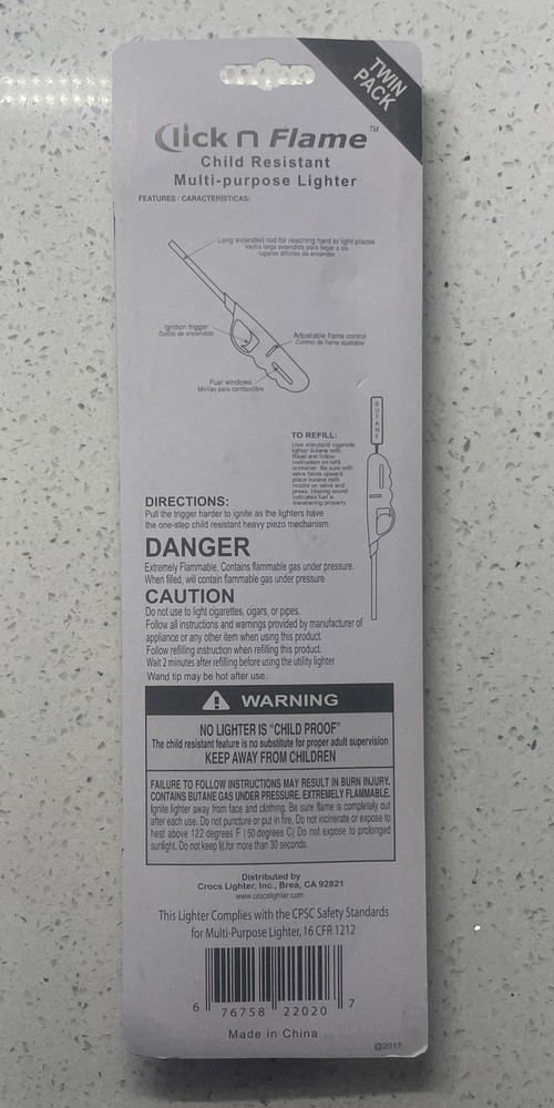 2-PACK CLICK N FLAME REFILLABLE CHILD RESISTANT MULTI PURPOSE LIGHTERS, NEW