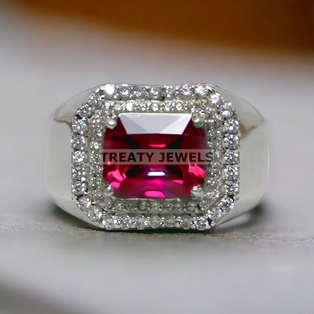 Ruby Emerald Cut Gemstone With 14K Solid White Gold Ring For Men's #999