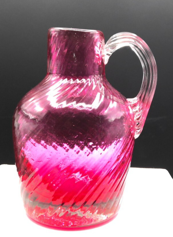 Mini Hand-Blown Cranberry Glass Jug with Handle Unsigned