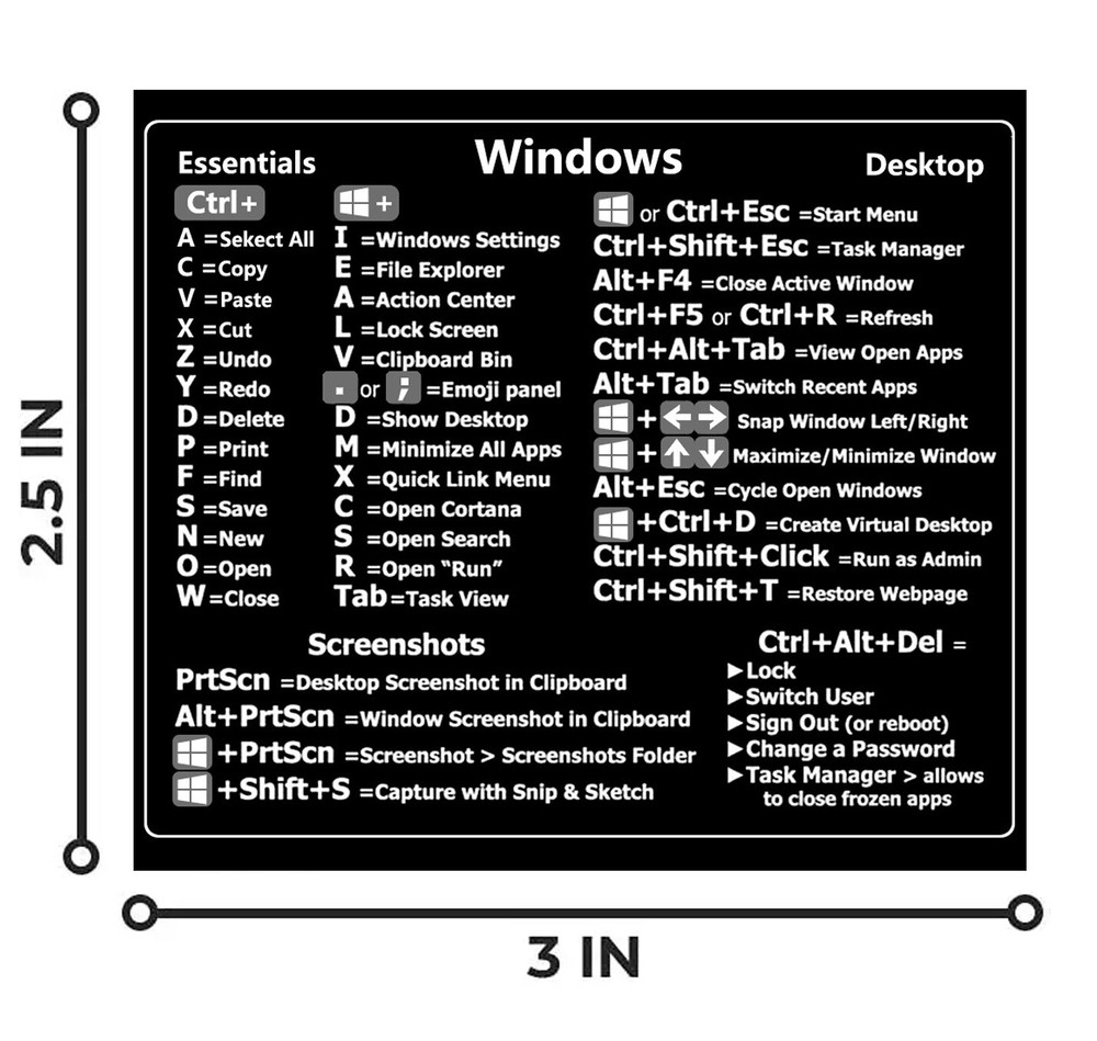 Windows PC Laptop Desktop Reference Guide Keyboard Vinyl Shortcut Sticker Decal