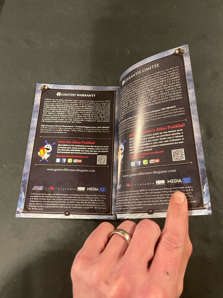 game of thrones xbox 360 Manual only