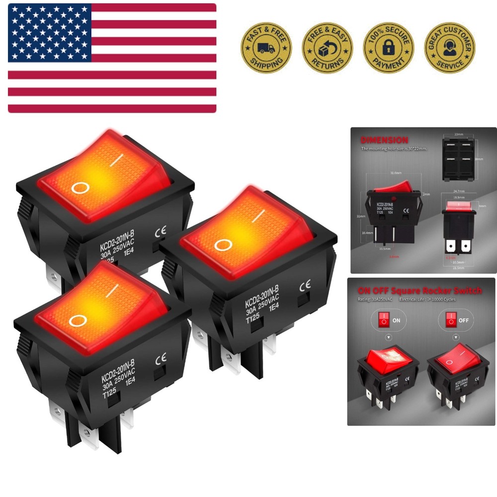 Heavy-Duty 30A Rocker Toggle Switch - DPST Design with Light Indicator - 3 Pack