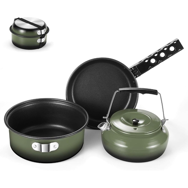 5pcs Camping Cookware Set Non-Stick Pot Pan Kettle Removable Handle Backpacking