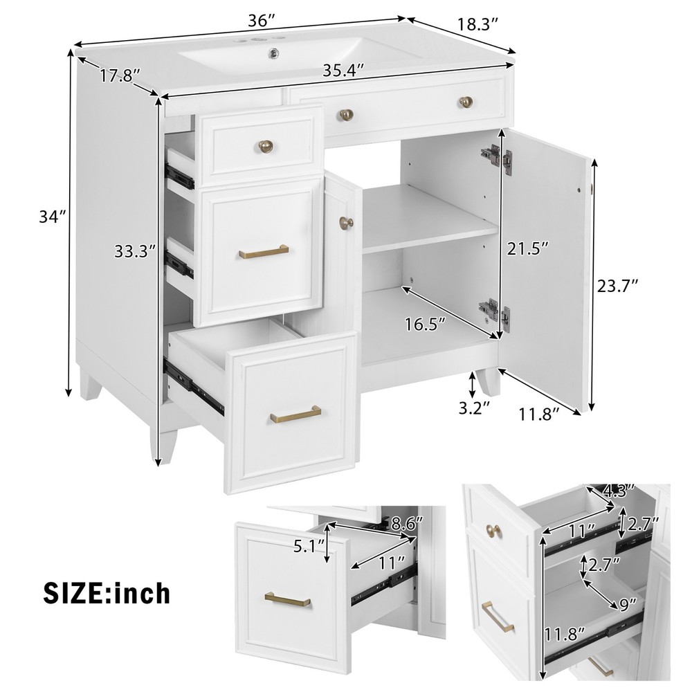 36" Vanity: Ceramic Sink, Drawers, Soft-Close Doors, Adjustable Shelves
