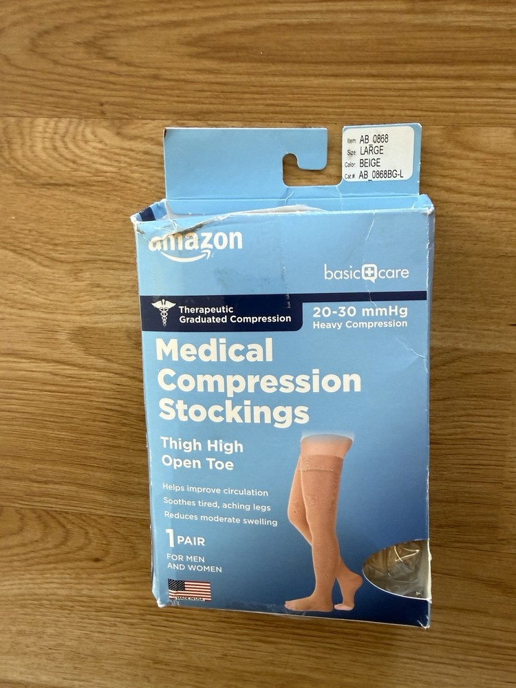 Amazon Basic Care Medical Compression Stockings LARGE 20-30 mmHg Support Beige